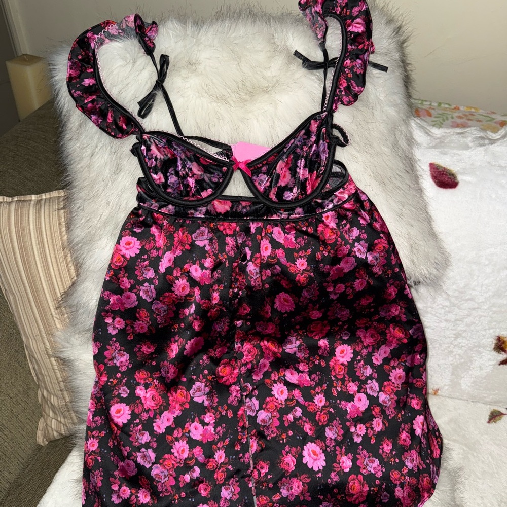 For Love and Lemon Lola Babydoll dress-  Black Pink Floral - Picture 3 of 11